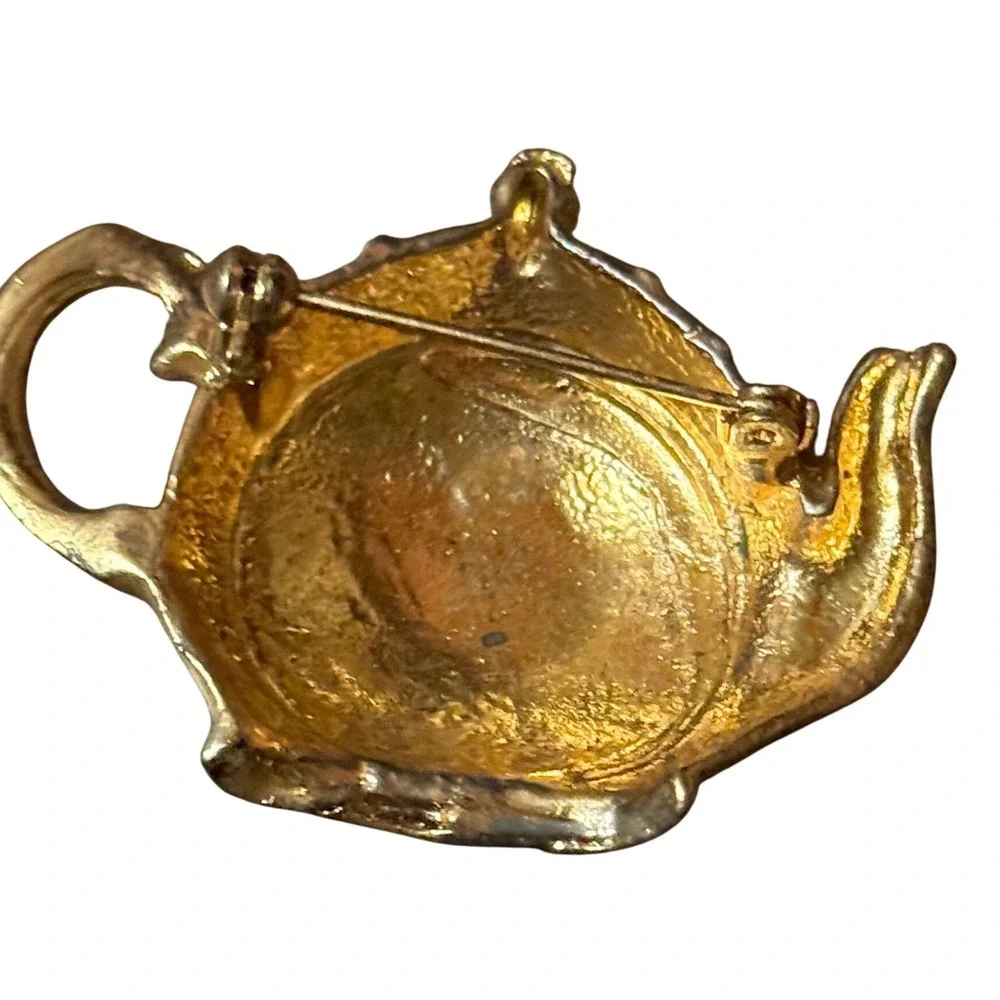 Gold Tone Teapot Brooch Pin Floral‎ Embossed Vintage Jewelry Accessory